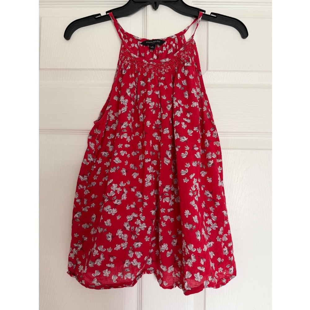 Banana Republic Red Floral Halter Tank Top Smocked Neck Cotton Blouse Small